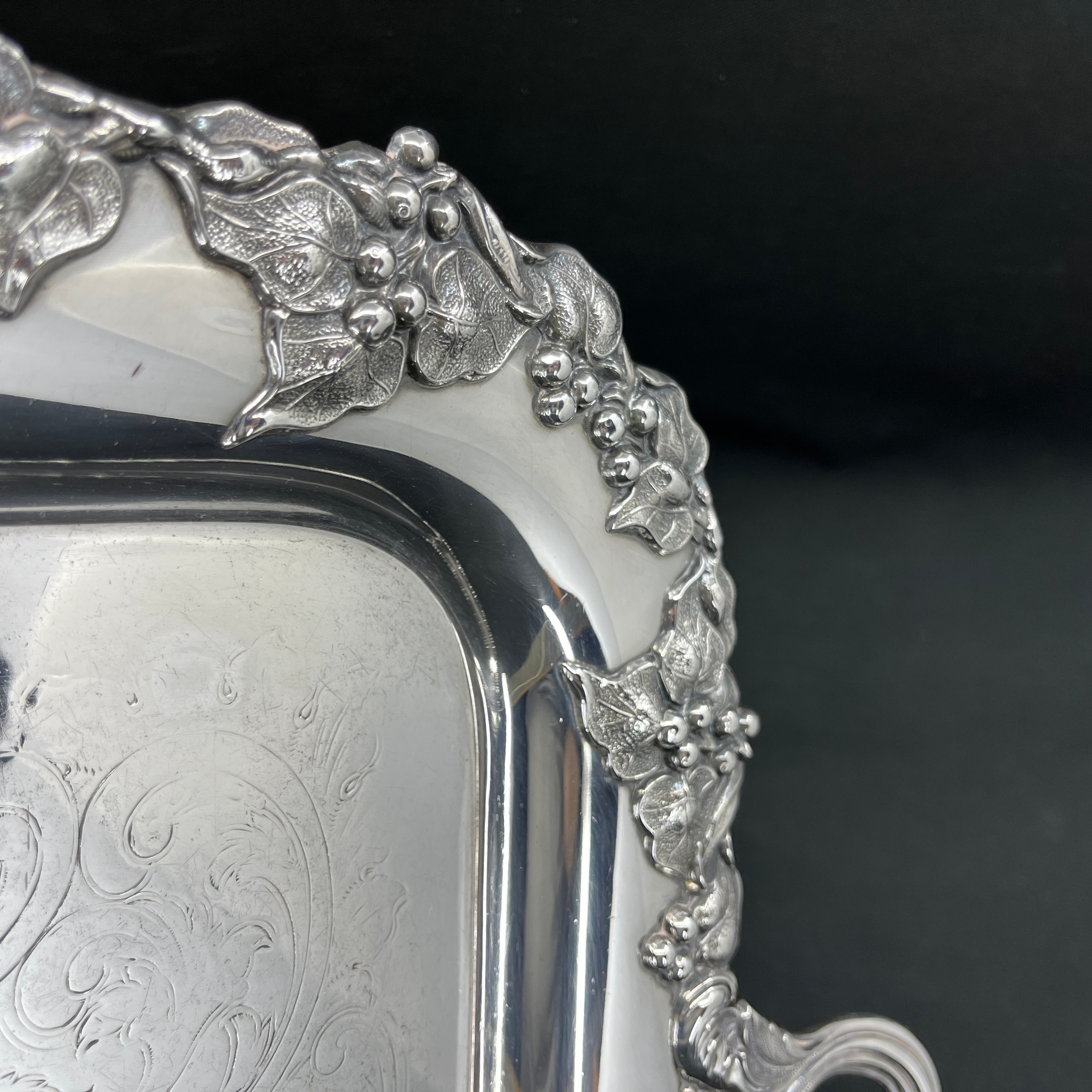 Large English serving tray in silver stain