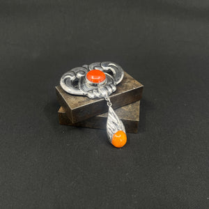 Large fine wood brooch with amber