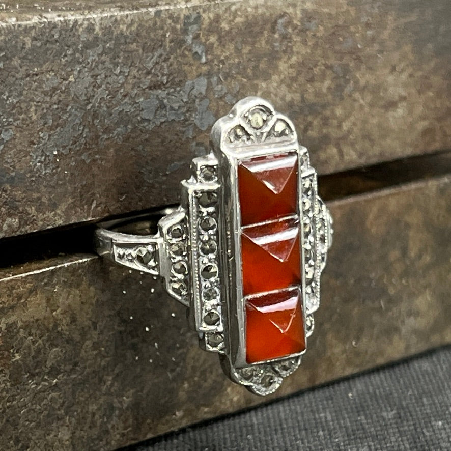 Art Deco silver ring with red agate