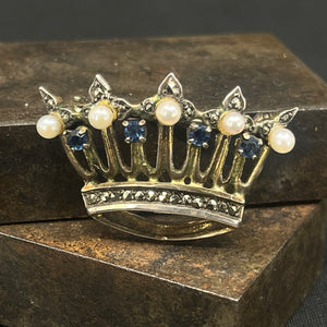 Brooch - crown with pearl and blue stones