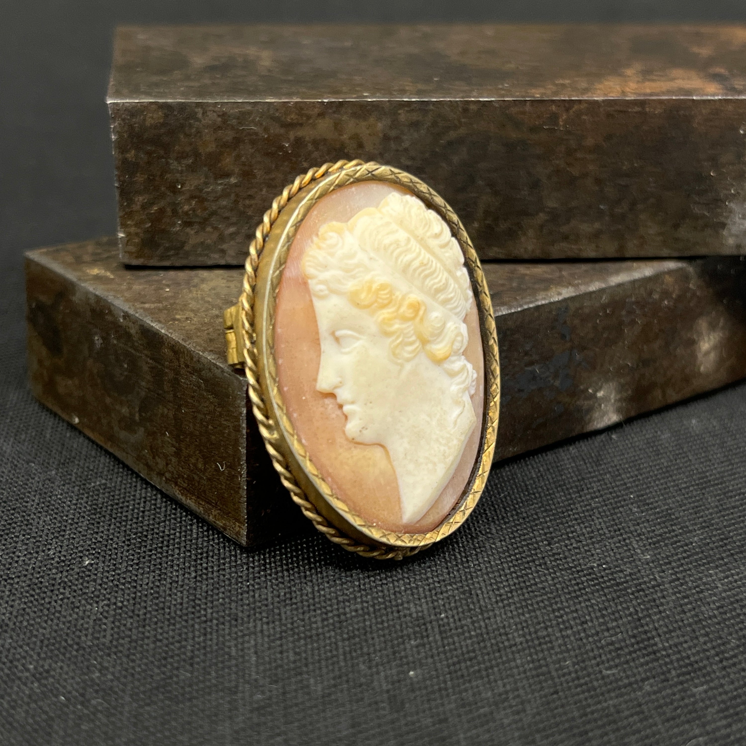 Came broche fattet i forgyldt messing