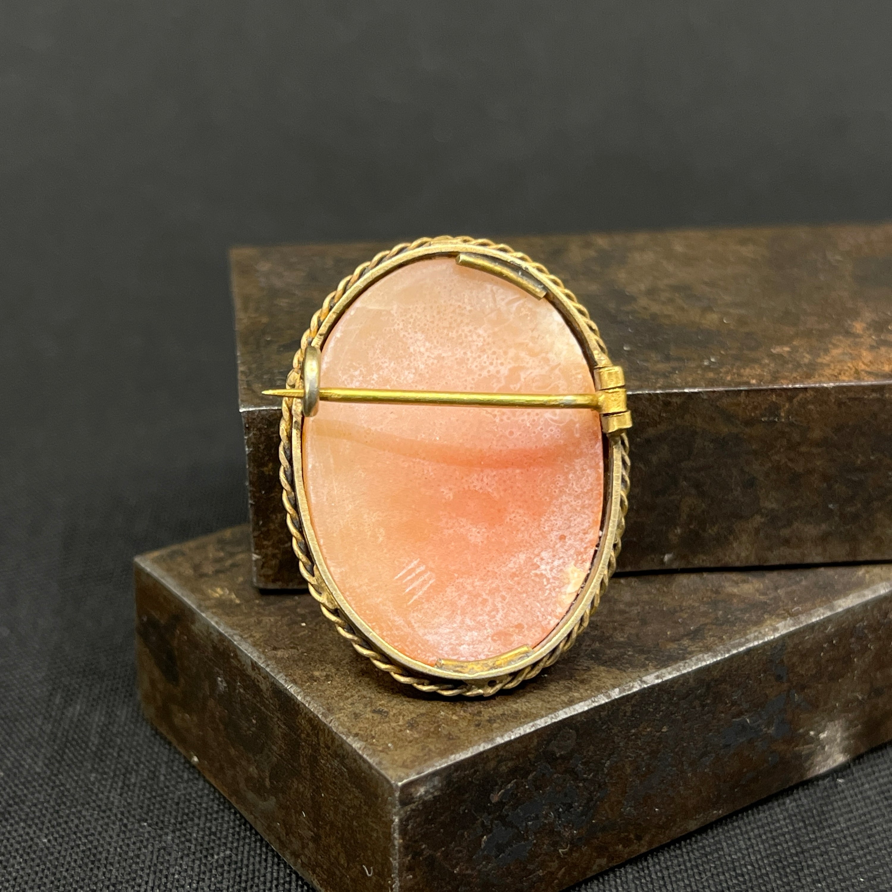 Came broche fattet i forgyldt messing