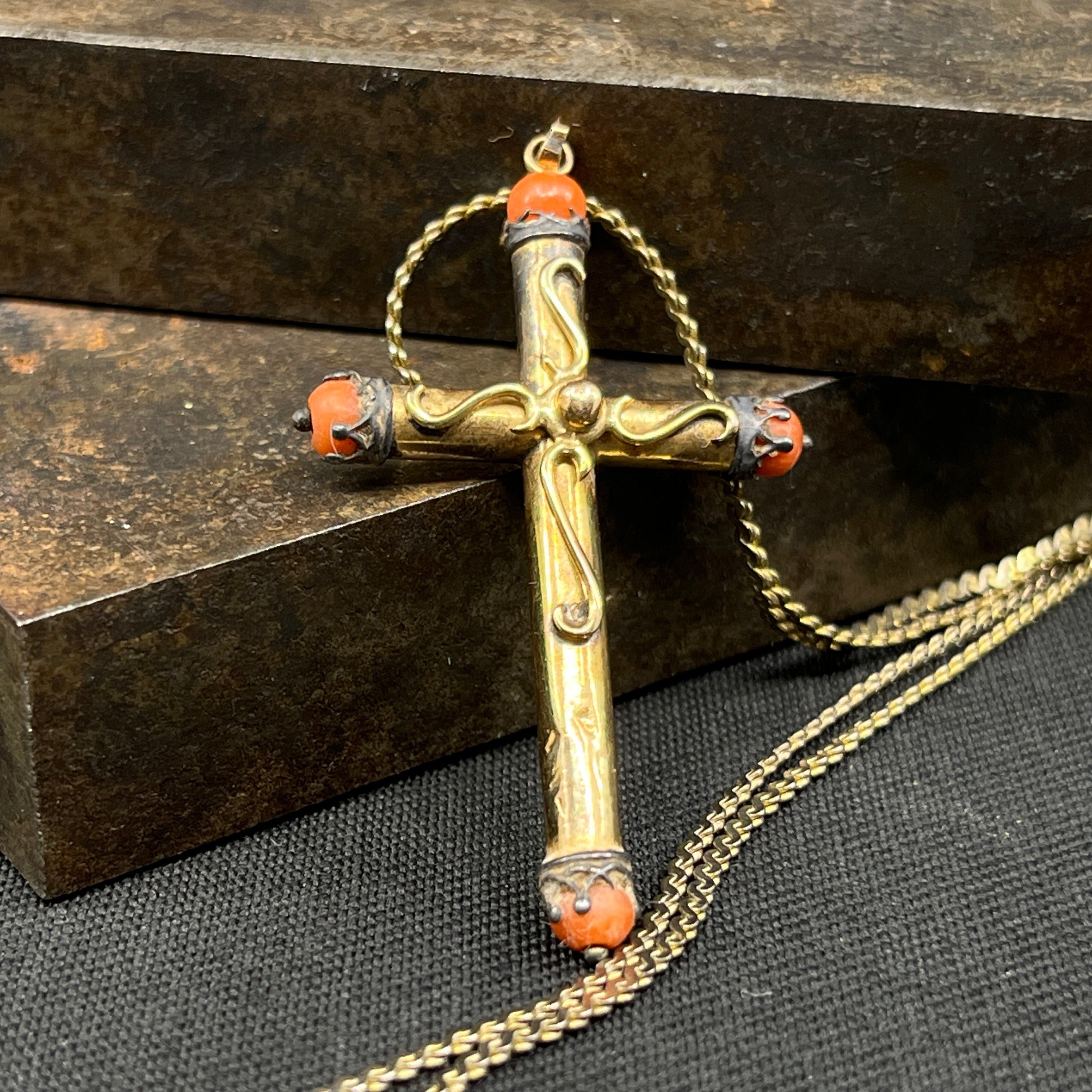 Cross with coral - gold-plated silver
