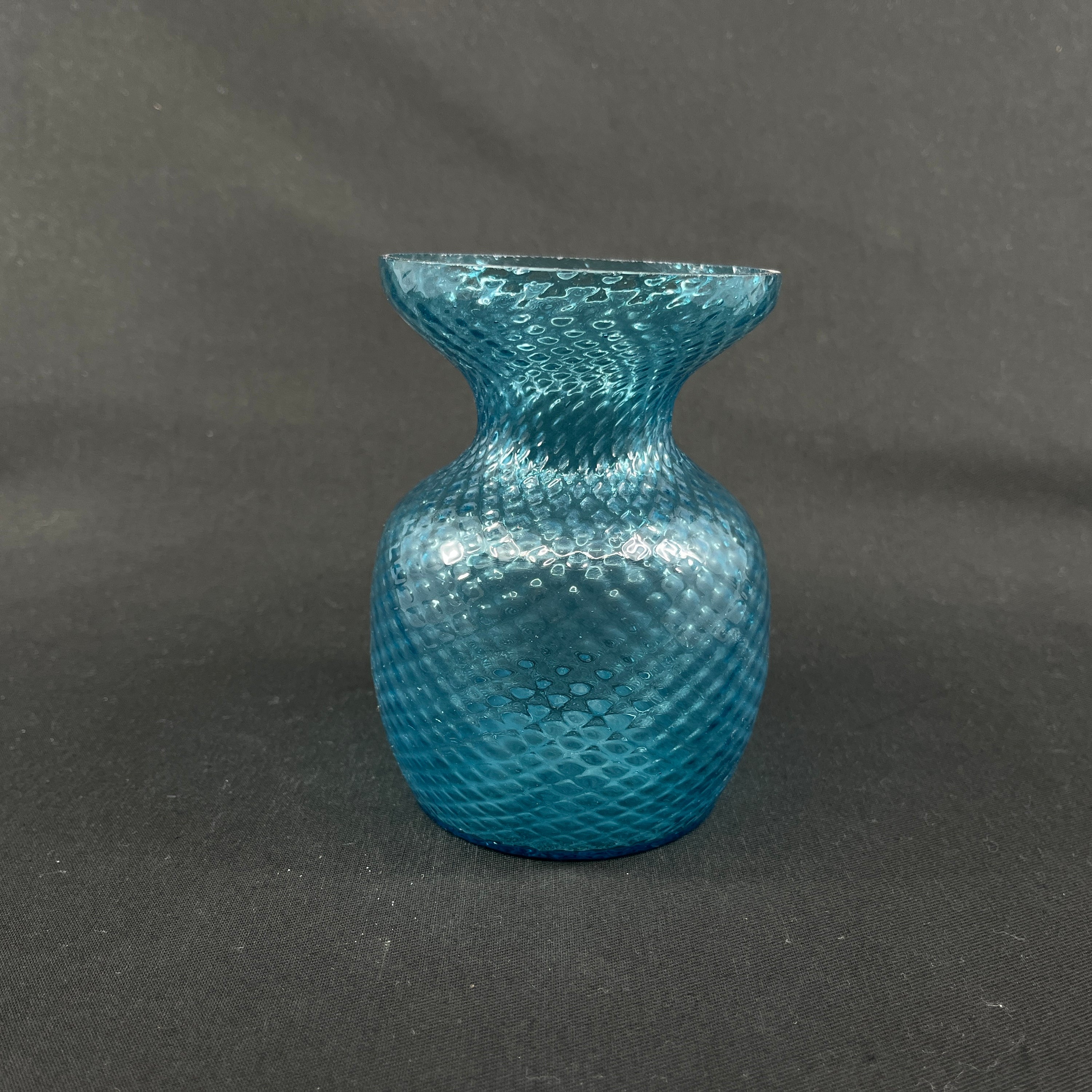 Sea blue hyacinth glass with checkered optics from Fyens Glasværk, model from 1910