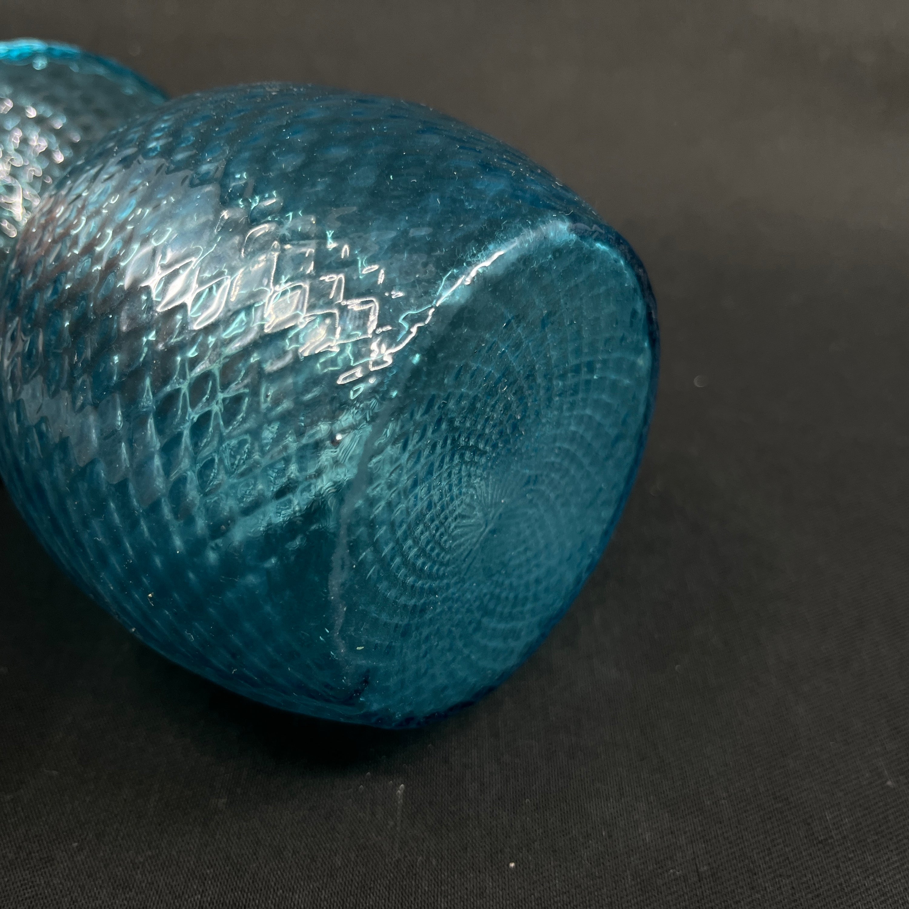 Sea blue hyacinth glass with checkered optics from Fyens Glasværk, model from 1910