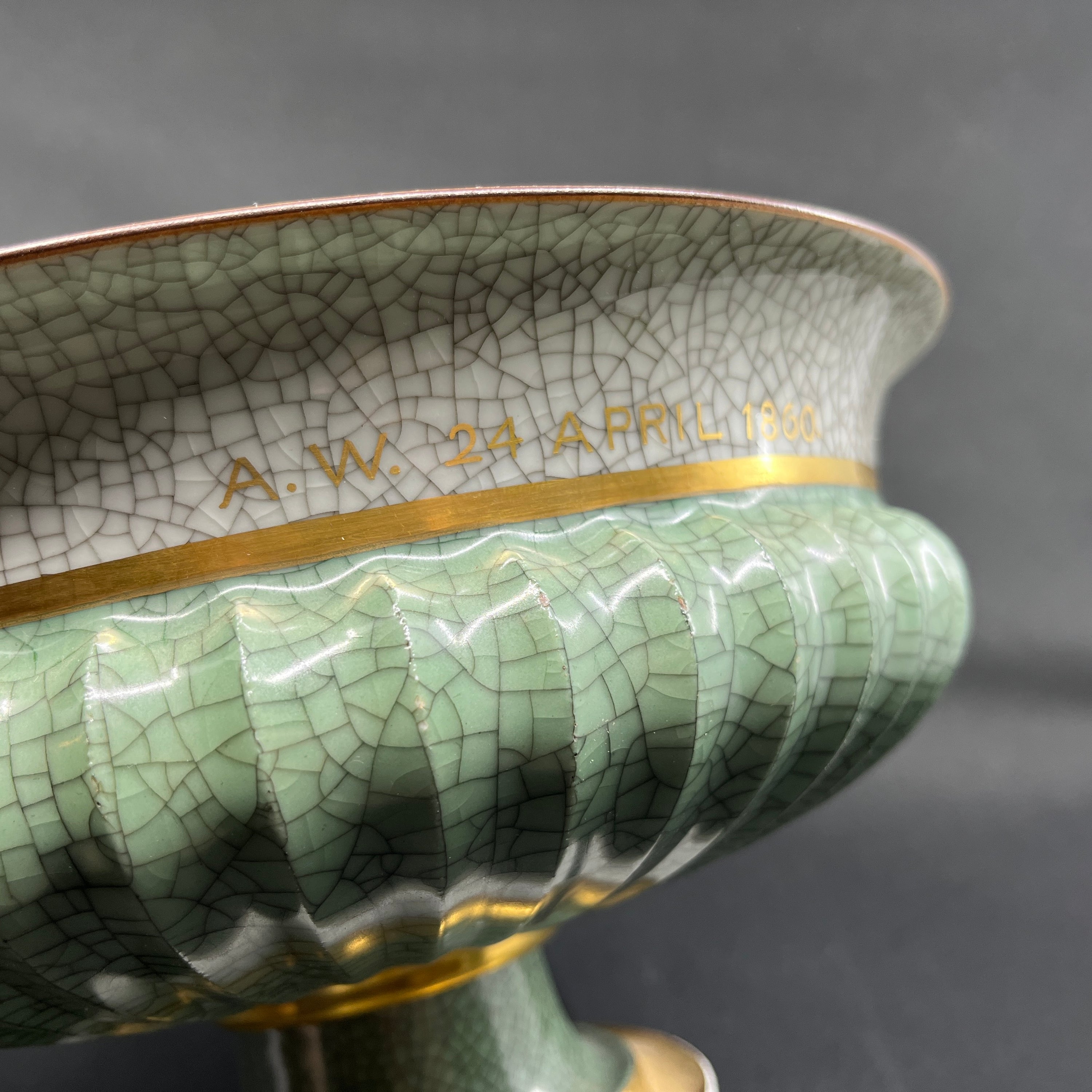 Green craquele bowl on foot from Royal Copenhagen