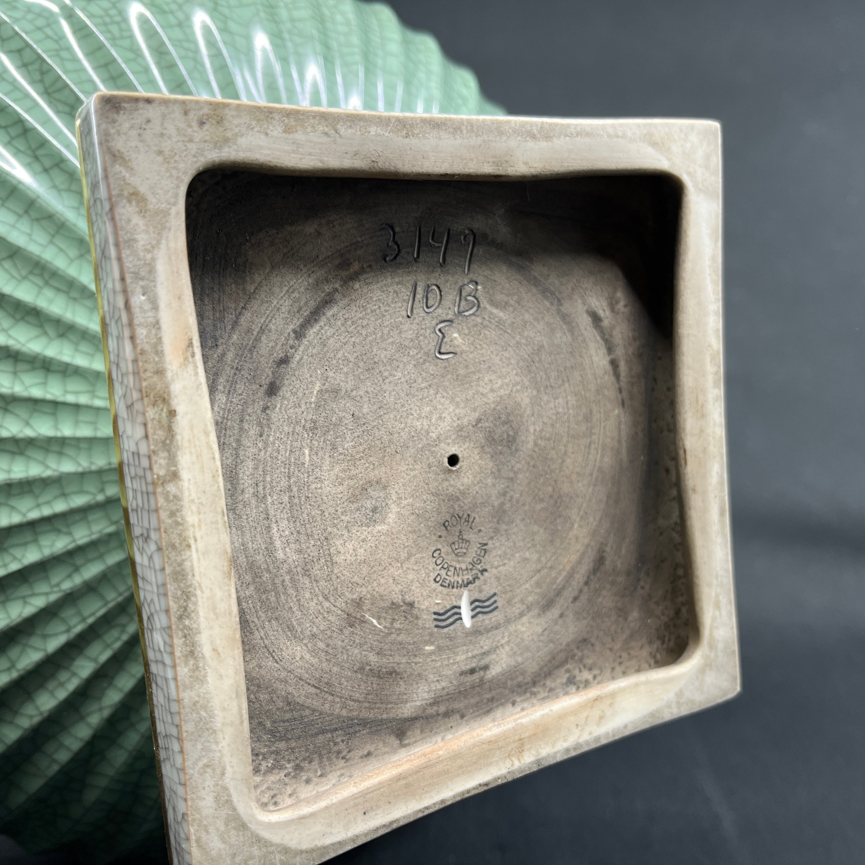 Green craquele bowl on foot from Royal Copenhagen