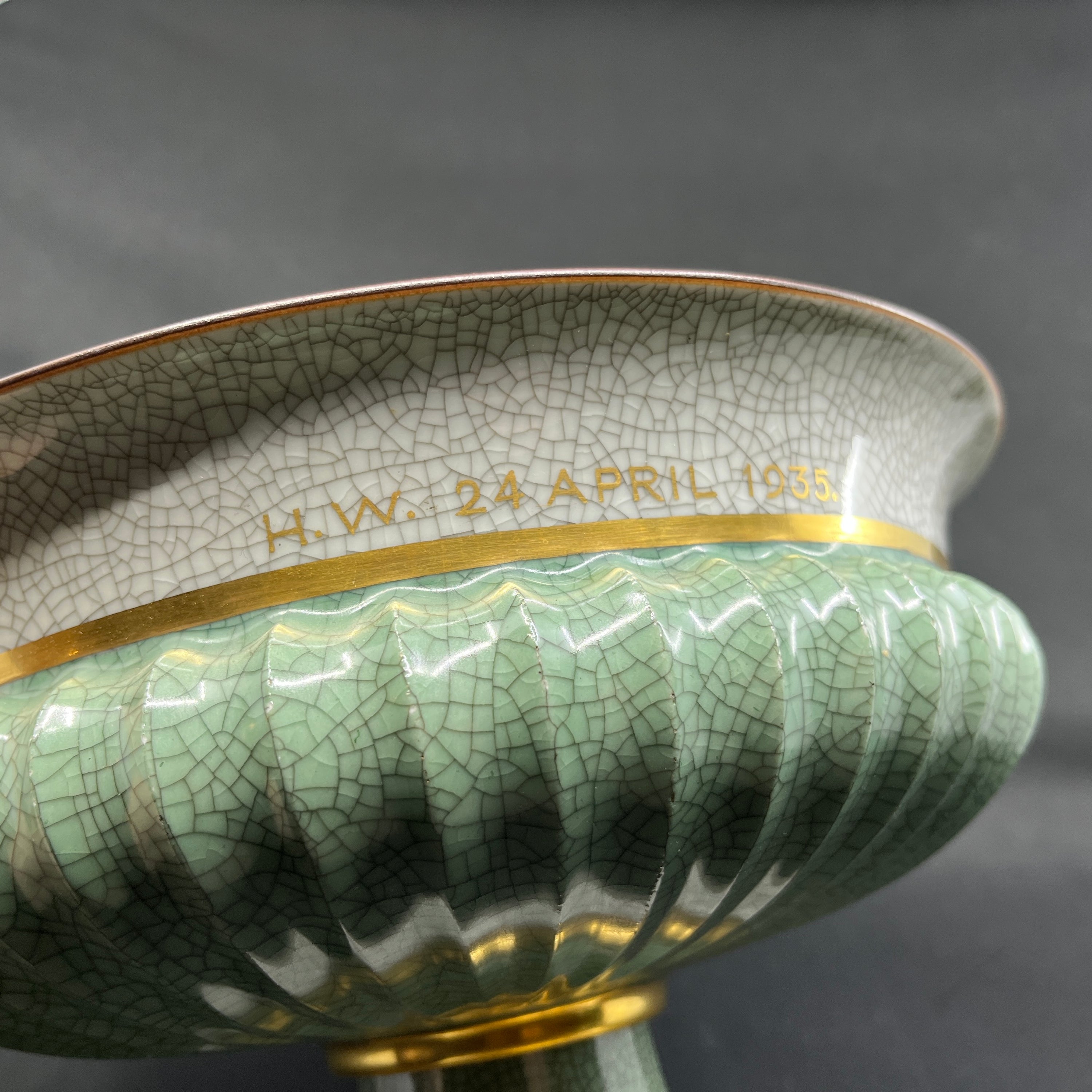Green craquele bowl on foot from Royal Copenhagen