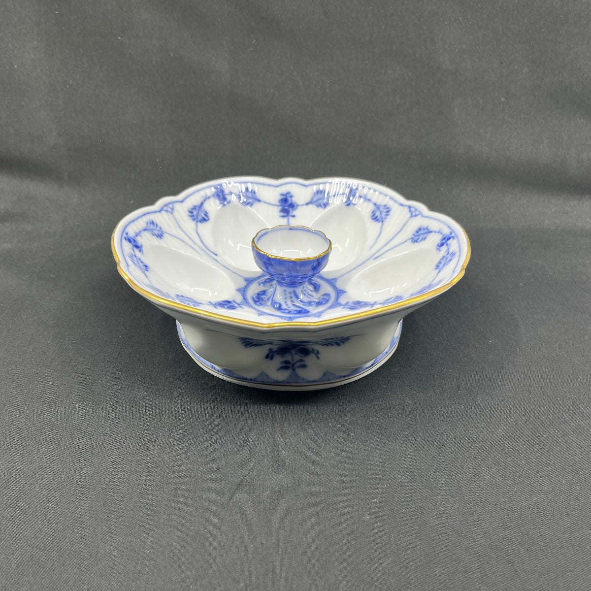 Rare Blue Fluted Egg Bowl with Gold