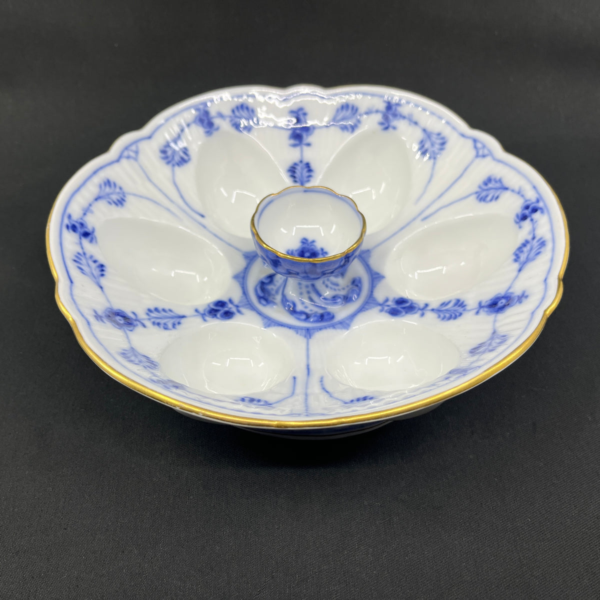 Rare Blue Fluted Egg Bowl with Gold