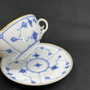 Large Blue Fluted Plain Teacup with Gold Rim